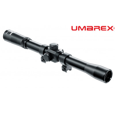 Umarex rifle scope with a fixed zoom. Includes 11mm rail mounts. The scope also has a parallax of 10m. Rugged rifle scope with 8-reticles for serious shooters. Easy to mount on any 11mm dovetail rail. The 4x magnification is ideal for air rifles and pistols. With removable dust covers. - Length: 270 mm - Weight: 110 g Manufacturer: Umarex Weight: 110 g Color: Black