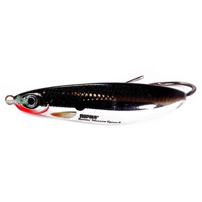 Kunstaas Rapala RMSR08 CH- Rattlin' Minnow Spoon® features a unique construction that combines the silhouette of a minnow with the action of a spoon. Wide, irregular sweeping action to create flash. Internal rattle chamber emits additional noise and vibration. Built with a heavy-duty single hook and a weed guard to be fished even in heavy cover. Balanced flutter on the drop with irregular kicks and strong body roll.