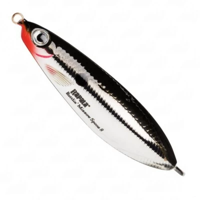 Kunstaas Rapala RMSR08 CH- Rattlin' Minnow Spoon® features a unique construction that combines the silhouette of a minnow with the action of a spoon. Wide, irregular sweeping action to create flash. Internal rattle chamber emits additional noise and vibration. Built with a heavy-duty single hook and a weed guard to be fished even in heavy cover. Balanced flutter on the drop with irregular kicks and strong body roll.