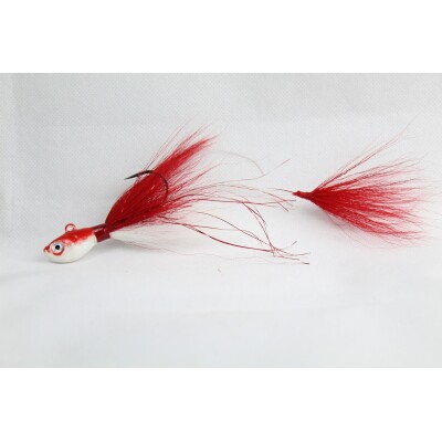 KUNSTAAS ULTIMATE PEACOCK JIG PEPPERMINT All jigs are made with Premium Northern Bucktail and holographic flashabou. Each lure hides just a touch of red chenille with tinsel flash to simulate a glimpse of gill plates. They have an extended tail on 80 lb test fishing line. All jigs are knotted and tied with extra glue at all key points, and have epoxy on heads and threads to hold up better to toothy Bass and Pirahna.
