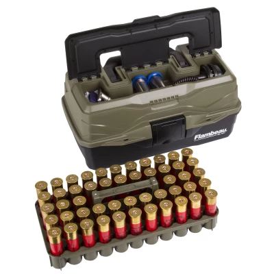 Lightweight, convenient hard-sided shotshell storage solution with a flip-top lid compartment for chokes and wrenches.