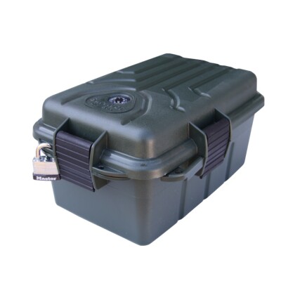 The MTM Survivor Plastic Dry Box is a 100% polypropylene plastic and features a built in compass and signaling mirror
