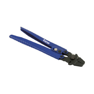 These economy-priced crimping pliers have four dies designed to crimp oval aluminum sleeves and double barrel copper leader sleeves from 0.1 mm to 2.2 mm O.D. They are made from carbon steel, and have a dual-action hinge for increased leverage and easier crimping.