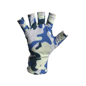 is its most basic and popular model of sun-protection glove. The lightweight, quick-drying, four-way-stretch fabric gives your hands and wrists ultraviolet protection factor 50+, while leaving your fingertips exposed for such tasks as tying on a fishing lure or popping open a cold soda. The gloves are offered here in blue camo, size small/medium.