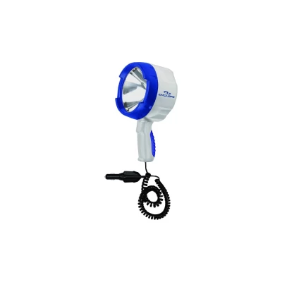 Marine 12V Direct Spotlight by Cyclops®. 450 meters long range beam distance - 12V Direct High Intensity. Lumens: 1400 lm. Cyclops, an innovator in personal and field lighting solutions introduces the HS140012V 1400 Lumen Power 12V Direct Spotlight. This exceptional spotlight is illuminated with a powerful 100-Watt H3 Halogen bulb, providing an incredible beam of light. The HS140012Vis easy to use from your truck, home, boat or ATV. Compact design makes it great for travel and is equipped with a six-foot coiled cord for direct use with a 12V DC plug adapter.