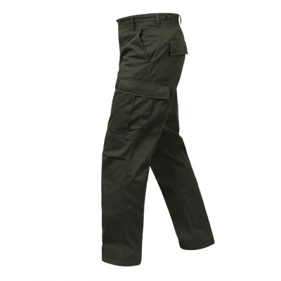 Rothco 7838 Olive Drab BDU Pants Made From Polyester - Cotton Material Adjustable Waist Tabs Button Fly Two Front Slash Pockets Two button down back pockets Two large button down, pleated bellows leg pockets Reinforced Seat and Knees Double Stitched Seams Drawstring Ankle Ties Imported