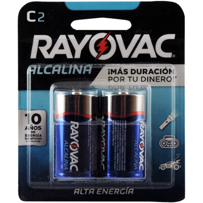 alkaline C-size batteries (2 units Rayovac lasts as long as Duracell coppertop and Energizer Max 100% MONEY BACK GUARANTEE Proudly Made in the USA! Ready power 10 year warranty (storage) Best used before date on battery and mercury free formula