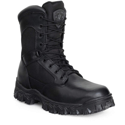 These hard-wearing Rocky® Alpha Force Waterproof Public Service Black Boots are made with black full-grain leather and 1000-denier nylon fabric. Rocky Alpha Force boots are tough work boots built to meet the job at hand. These lightweight, strong fabrics hold up even in the most extreme working conditions. These public service boots have been built with Rocky waterproof construction; this creates a barrier that is guaranteed to keep water out, so your feet will remain completely dry. The Air-Port™ footbed is made from polyurethane and absorbs shock, but always reverts back to its earliest shape. The cushion footbed specifically targets your heel and metatarsal ridge, giving you support and comfort. This boot features a non-marking RigiTrac™ outsole that provides oil and slip resistance. A side zipper makes it easy to get these boots on and off quickly. Whether you're looking for durable black work boots, tactical boots, a great pair of waterproof boots or superior law enforcement boots... These Rocky Alpha Force boots are the right choice to help you get the job done!