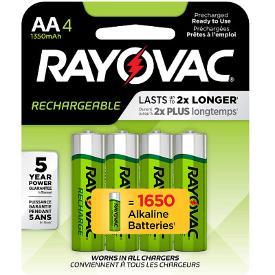 Lasts up to 2 times longer than standard alkaline batteries in digital cameras. Results may vary by camera The batteries come charged and ready to use. Rayovac rechargeable batteries are ready to use right out of the box. For optimal performance, RAYOVAC recommends charging batteries before use. Recharges up to 1500 times, RAYOVAC's highest cycle rechargeable cells Works on all chargers. AA batteries are 1350 mAh Covers batteries for 5 years while in storage