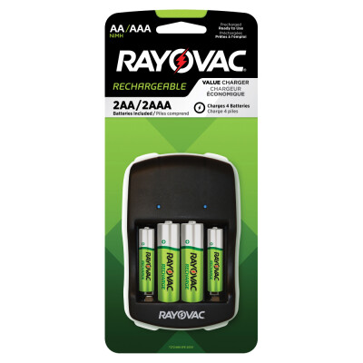 Comes with (2) RAYOVACĀ® AA and (2) AAA Batteries Recommended for Digital Devices Charges Batteries in 8 HOURS* Recharges Batteries up to 1500x* Overcharge Protection Safety Auto Shut Off Charges Any AA/AAA NiMH/NiCD Batteries LED Indicators Fold Out Plug One year limited manufacturer's warranty