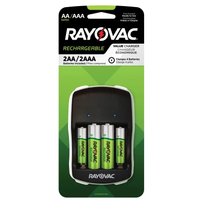 Comes with (2) RAYOVACĀ® AA and (2) AAA Batteries Recommended for Digital Devices Charges Batteries in 8 HOURS* Recharges Batteries up to 1500x* Overcharge Protection Safety Auto Shut Off Charges Any AA/AAA NiMH/NiCD Batteries LED Indicators Fold Out Plug One year limited manufacturer's warranty