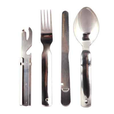 4-Piece Cutlery Set (Knife, Fork, Spoon & Holder Can and Bottle Opener). You can make the set compact by sliding the cutlery into the holder. Supplied in a plastic sleeve.
