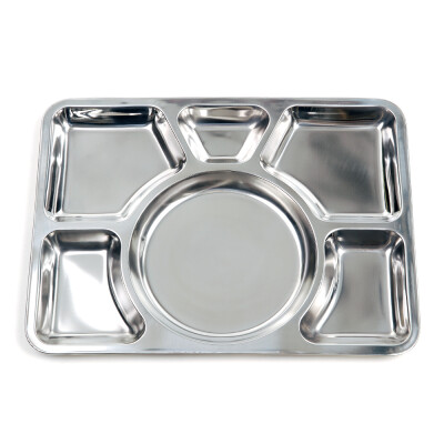 100% stainless steel plate with 6 compartments for food separation. Nice and sturdy quality. Lightweight and unbreakable.