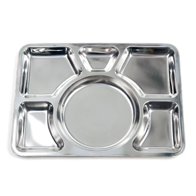 100% stainless steel plate with 6 compartments for food separation. Nice and sturdy quality. Lightweight and unbreakable.