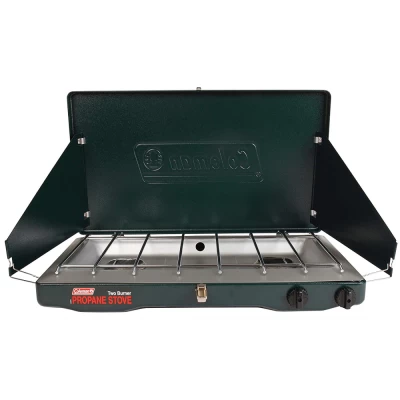 Cooking power: Up to 20,000 total BTUs. Fits a 12-inch and 10-inch pan at the same time 2 adjustable burners: For precise temperature control Wind-blocking panels: Shield burners from wind Pressure regulator: Pressure-control technology for consistent performance, even in extreme conditions Runtime: Up to 1 hour on high on one 16.4 oz. Propane cylinder (sold separately) 3-year limited warranty