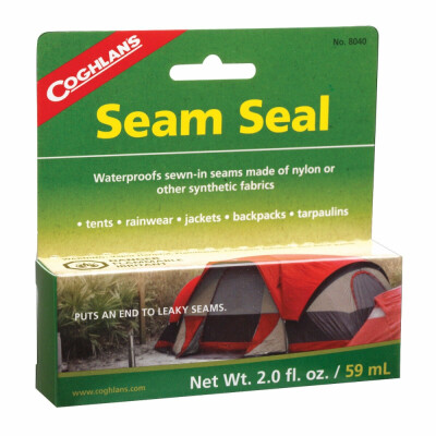 Waterproofing sealer works on nylon or other synthetic fabrics. Stops leaky seams in tents, rainwear, jackets, backpacks, etc. Washable, dry cleanable, colorless, clean, and flexible. 2 oz. Takes 4 to 6 hours to dry.