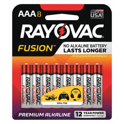1.5 V. 824-8FUSK. No alkaline battery lasts longer (Average ANSI performance test). Premium alkaline. Performance guarantee. We've spent over 110 years thinking about batteries so you can think about them less. No alkaline battery lasts longer than Rayovac Fusion (Average ANSI performance test) - plain and simple or your money back. Guaranteed to last longer in today's most power hungry devices. (vs Rayovac High Energy). 12 years power guarantee in storage. 100% recyclable card. Made in the USA with US and global parts.
