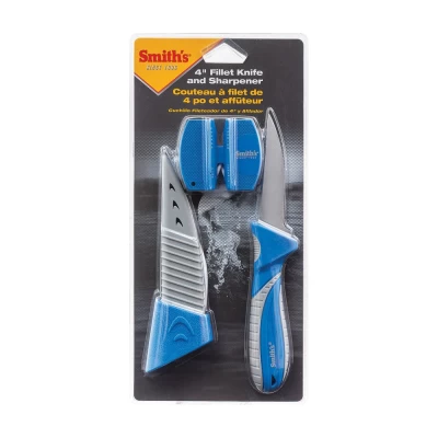 9" overall. 3.5" satin finish stainless blade. Blue and gray TPE handle. Lanyard hole. Includes 2-Step sharpener with crossed carbide blades and ceramic rods. Preset sharpening angles. Non-slip rubber feet. Gray plastic belt sheath. Clam packed.