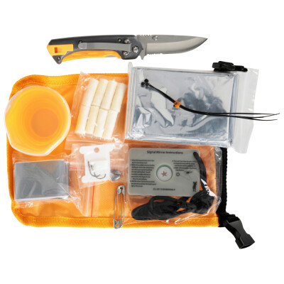 This useful survival kit from Smith's features a high quality folding knife with 10 additional survival tools. It all stores in a convenient water resistant pouch for easy transport. The knife has a stainless steel blade with a partially serrated edge. It's a self contained survival tool in itself with a fire starter, whistle and sharpening rod concealed in the handle. The Smith's Outdoor Survival Kit offers a folding knife and a survival kit for the price of one!