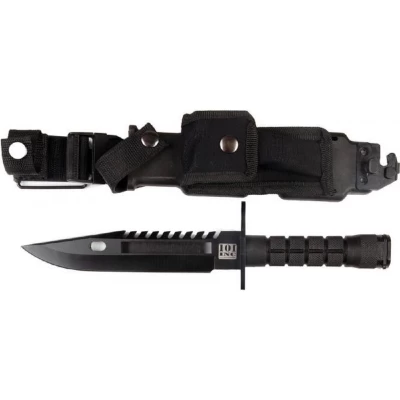 Knife D80 US military from the well-known brand 101-INC is made of 100% steel. Sturdy survival knife for out and at home in the bush. The knife has a saw side and a metal belt attachment and can be attached to a belt or backpack in the sheath.