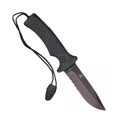 10" Long Overall w/ Hidden Fire starter 10" overall length, 5" blade ,5" Black abs handle 440 stainless Steel black blade Includes Nylon Sheath