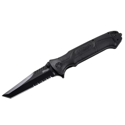 Walther's BTK 2 is a folding knife, featuring one-handed opening with two-sided assistance, flipper and liner lock. The tanto blade is made of stainless steel with a matt black finish, measures just under 10 cm and has partial teeth. The handle is synthetic which includes a glass breaker in the final part. Equipped with belt pouch with vertical and horizontal loop.