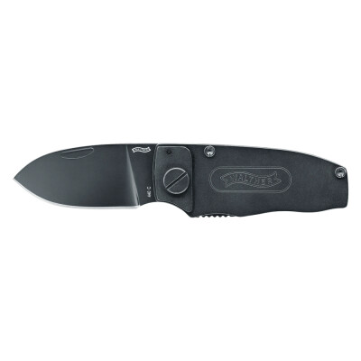 The Walther Slim is a small folding knife with a two-handed opening with liner lock. The drop-shaped blade is made of black coated 440C steel. The Slim Pocket Knife also includes a metal handle and pouch.