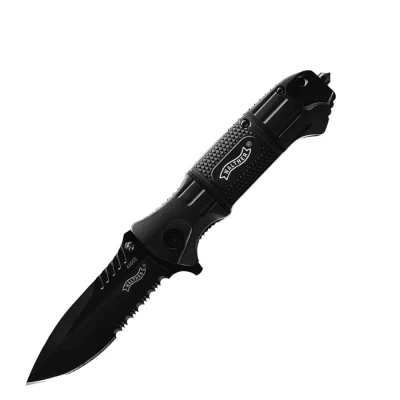 The Walther Black Tac is a full-fledged one-hand knife with a liner lock and a flipper to assist in opening. The massive spear-point blade, with a partial serration, is dull black, underlining the Black Tac's bold look.