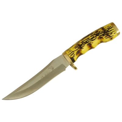 The Master Cutlery Elk Ridge Hunter Imitation Stag features a 5" stainless steel clip point blade with a satin finish and imitation stag antler handles. This full tang fixed blade is .12" thick with a brass cap and steel guard. It's 9" overall. Includes a black leather sheath with belt loop.