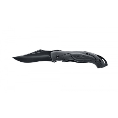 The boldly curved handle of the Tactical Folding Knife 4 has a pleasant feel in the hand in spite of the knife’s considerable length when open (218 mm). The black coated drop point blade made of 440C steel is 90 mm long and is held in place by a liner lock. An unusual clip is supplied for carrying in a pocket. However, a holster is also provided.