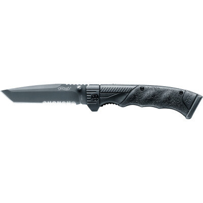 TANTO WALTHER PP KNIFE (5.0747) BRAND WALTHER TOTAL LENGTH 22.3 CM BLADE LENGTH 9.5 CM ANTHRACITE COATED SPEARPOINT BLADE, EQUIPPED WITH LINER LOCK AND A FLIPPER