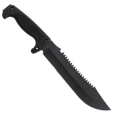 -Partially serrated clip point blade-Hardcased black finish-Black Kraton handle-9.5"8CR13MOV steel blade-15.3" overall length-Black ballistic nylon sheath