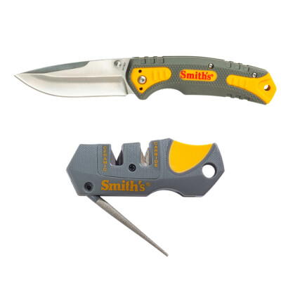 Model - AC51018. Pack Pal Linerlock Combo. 4.5 inch closed. 3.5 inch satin finish 420 stainless blade. Gray and yellow TPE handle. Thumb stud. Lanyard hole. Pocket clip. Includes 3.5 inch overall sharpener with carbide and ceramic sharpening slots and diamond coated sharpening rod. Gray and yellow synthetic housing. Clam packed.