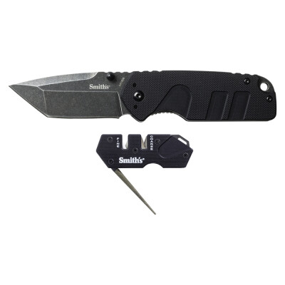 Model - AC50997. Campaign Linerlock PP1 Combo. 3.75 inch closed. 2.75 inch black stonewash finish 420 stainless tanto blade. Black G10 handle. Lanyard hole. Pocket clip. Thumb stud. Includes PP1 Mini with ceramic and carbide sharpening slots, diamond coated sharpening rod, black G10 handle and lanyard hole. Clam packed.