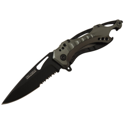 Features a black stainless steel blade Partially serrated blade. Knife has an ergonomic design that fits perfectly in your hand Removable stainless steel belt/boot clip Grey color handle Bottle Opener Window breaker on end of handle In-line open lock 4 1/2 inches overall closed in length.