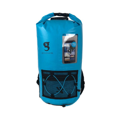 This backpack features a 20L capacity, durable pvc tarpaulin material and a sleeve to store and still use your phone. Have easy access to gear with the outside mesh zip pocket and bungee cords.