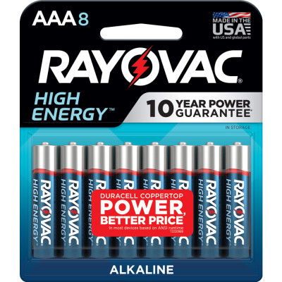 • 8 pack of Rayovac High Energy Alkaline AAA Batteries, Batteries AAA Size• Long-lasting power for high use devices and everyday electronics• Ideal as flashlight batteries and in other high use devices, including wireless mice, remotes and toys• This AAA battery pack holds power up to 10 years for reliable use as backup and bulk batteries• Triple A batteries designed to prevent damaging leaks• Provides Duracell Coppertop power at a better price - in most devices based on ANSI runtime• From the No. 1 value brand in the world, choose Rayovac for power you can count on