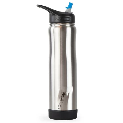 EcoVesselās Summit bottle keeps you hydrated with one-handed, tilt free drinking. The Summit offers 36 hours of cold with TriMax Triple Insulation. The stainless steel outer is durable and features an ergonomic shape for an easy hold, comfort grip. Additional features include a convenient flip spout, a silicone straw, a silicone bumper, and a soft touch carry handle.