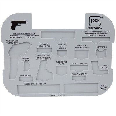 The Glock Gun Parts Organizer is one of the easiest ways to keep your glock parts organized during breakdown or for storage. Designed to represent the outline of each part, it also fits in most gun bags for on the go field stripping and cleaning.