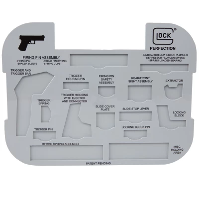 The Glock Gun Parts Organizer is one of the easiest ways to keep your glock parts organized during breakdown or for storage. Designed to represent the outline of each part, it also fits in most gun bags for on the go field stripping and cleaning.