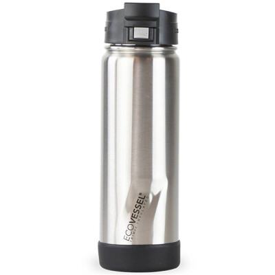 The EcoVessel Perk is the perfect portable bottle for 36 hours of cold or 8 hours of hot. It is made of durable stainless steel and features TriMax Triple Insulation to keep your liquids hot or cold for longer periods of time. The bottle is designed for one-hand use, featuring a push button that opens the top. The lid is equipped with a locking mechanism to keep your drink leak free. Additional benefits include a convenient strainer, a vacuum center, and a protective silicone bumper.
