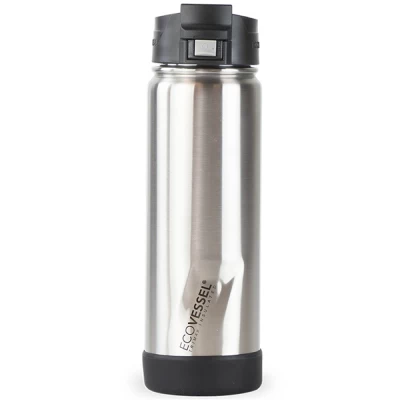 The EcoVessel Perk is the perfect portable bottle for 36 hours of cold or 8 hours of hot. It is made of durable stainless steel and features TriMax Triple Insulation to keep your liquids hot or cold for longer periods of time. The bottle is designed for one-hand use, featuring a push button that opens the top. The lid is equipped with a locking mechanism to keep your drink leak free. Additional benefits include a convenient strainer, a vacuum center, and a protective silicone bumper.