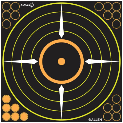 Allen™ EZ See Adhesive Bullseye Targets can be stuck to virtually any shootable surface, such as cardboard, construction paper, etc. When your bullet hits the target, a bright contrasting color is revealed, allowing you to see your impact from back at the firing line. 5 Pack Size: 12" x 12" Adhesive backed Round bullseye target.