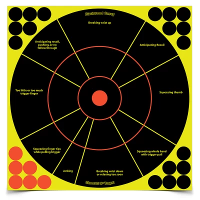 NSTRUCTIONAL ZONES IMPROVE HANDGUN MARKSMANSHIP BULLET HOLES ARE REVEALED WITH BRIGHT CHARTREUSE RINGS SELF-ADHESIVE BACKING MAKES TARGETS EASY TO PUT UP IDEAL FOR HANDGUN TRAINING DETAILS WHETHER YOU ARE A BEGINNING HAND-GUNNER OR AN EXPERT LOOKING FOR HONEST FEEDBACK ON YOUR SHOOTING, THE SHOOT-N-C 12 INCH HANDGUN TRAINER IS FOR YOU. SHOOT•N•C® TECHNOLOGY, COMBINED WITH DISTINCT INSTRUCTIONAL ZONES, NOT ONLY MAKE SHOT PLACEMENT HIGHLY VISIBLE, BUT OFFER HELPFUL CORRECTIONS TO TIGHTEN GROUPS AND BUILD CONFIDENCE. 34072 - SHOOT•N•C® 12 INCH HANDGUN TRAINER, 100 TARGETS - 1,800 PASTERS