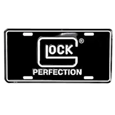 Glock Perfection License Plate, Black/White. This factory Glock accessory is made to the same high standards as the parts found in your Glock firearm. This is a must for GLOCK enthusiasts! The license plate is black with "GLOCK Perfection" in white.