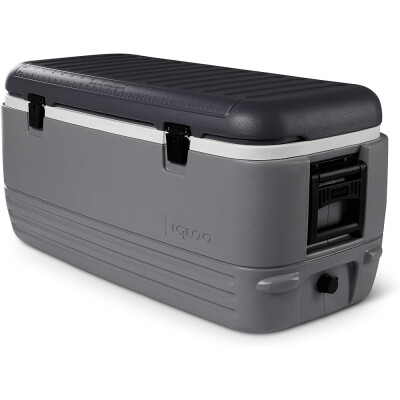 The Igloo Polar 120 Cooler lets you camp or fish even longer, with Ultratherm insulation on the body and lid to hold ice for up to 5 days in temperatures up to 90 degrees. This oversized ice chest has a 120-quart capacity that holds 188 12 oz. cans or enough food for your entire crew. The reinforced and tilting handles have a tie-down loop and the double clasps close to keep the lid tight. The Igloo Polar 120 cooler has a threaded drain plug that allows for a hose connection