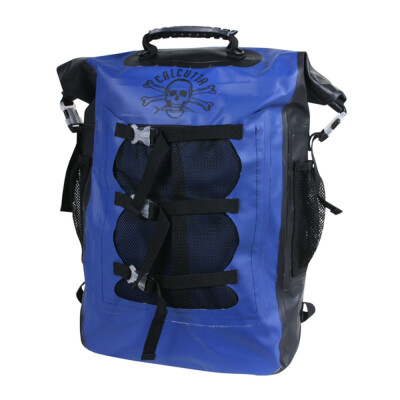 The Calcutta Dry Bag Backpack has a 33 liter storage capacity to keep all of your essentials dry while out on the water. Features a large main compartment with a roll down buckle-closed opening to ensure no water gets in. This durable backpack is constructed of heavy duty blue vinyl with fully welded seams.With padded shoulder straps, this bag is comfortable to carry all day long. Features: 33 Liter capacity Features a water bottle pocket and storage pocket Front mush pocket has gear straps to help secure items Padded shoulder straps Carry handle when top is rolled down