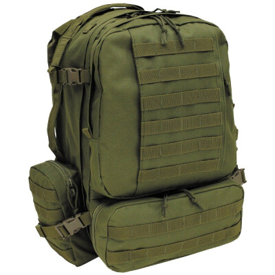 padded and adjustable shoulder- and waist straps, adjustable chest strap padded back part with removable frame plate and 1 slide-in pocket with zip 1 carrying handle on top and both sides main compartment completely unfoldable with 2-way zip, 3 openings to the main compartment for drinking tube or cable as well as 4 pack straps and 2 mesh pockets with zip 1 front pocket with 2-way zip and inside carabiner various slide-in pockets and pen holders 1 attached slide-in pocket with lateral zip and Molle attachment loops 1 bottom front pocket with 2-way zip with mesh inserts and Molle attachment loops 2 side pockets with 2-way zip and Molle attachment loops, click closures 2 compression straps on each side Capacity: ca. 45 l Dimensions: ca. 42 x 53 x 30 cm (W x H x D) Weight: ca. 2,3 kg