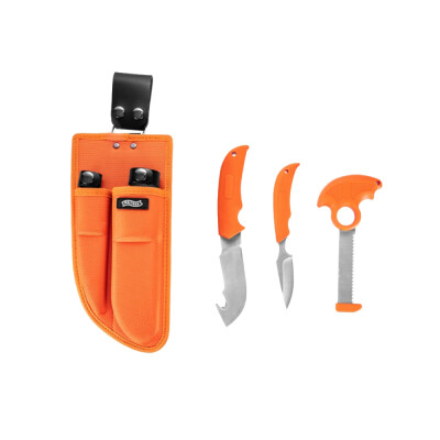 WALTHER HUNTER SET is a set of 3 tools useful for processing game. It consists of a small knife for evisceration, a hunting knife with a cutting hook for skinning and a saw for cutting bones. For transporting tools, we get a convenient holster made of ballistic nylon, in which the whole set will fit. Tool features: 1. Small knife for gutting game stainless steel 440 high concave cut thumb ramp for easy precision work ergonomic, non-slip handle hole for threading the cable total length 19 cm weight: 83 g 2. Hunting knife with gut hook (for skinning) stainless steel 440 flat cut full tang design thumb ramp for easy precision work ergonomic, non-slip handle hole for threading the cable total length 23,3 cm weight 152 g 3. Compact bone cutting saw ergonomic, non-slip handle hole for threading the cable cap at the end of the saw tooth design prevents wedging of the saw total length 14,6 cm weight 53 g