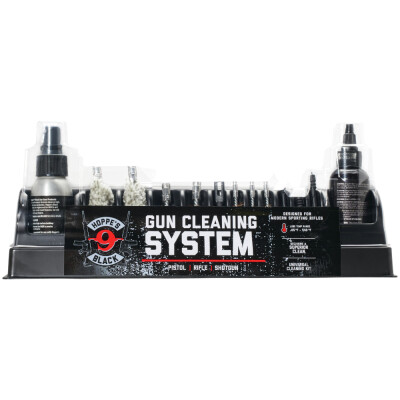 Use the Hoppe's Black Universal Gun Cleaning Kit to clean any firearms after a long day at the range. It includes a two ounce bottle of Hoppe's Black High-Perfromance Gun Cleaner, a two ounce bottle of Hoppe's Black High-Performance Precision Gun Oil, a three-piece aluminum cleaning rod, five bronze brushes, two cotton mops, three nylon jags, one nylon shotgun slotted tip, one shotgun adapter, and cleaning patches, all packaged in a reusable storage case. Hoppe's Black High-Performance Gun Care was formulated to clean high-round count firearms but can be used to clean any firearm. The Black High-Performance Gun Cleaner will clean high carbon levels and the Black High-Performance Precision Gun Oil has a wide temperature range of -65°F to 540°F. Three -piece aluminum cleaning rod with T-Handle Cleaning rod has a ball bearing swivel handle to follow the bore's rifling .22 cal, .30 cal, 9mm, .40cal/10mm, 20GA, 12GA bronze brushes 20 GA and 12 GA Mop .22/.223 cal, .38 cal, and .44/.45 cal jags 16/12 GA slotted tip and shotgun adapter Patches